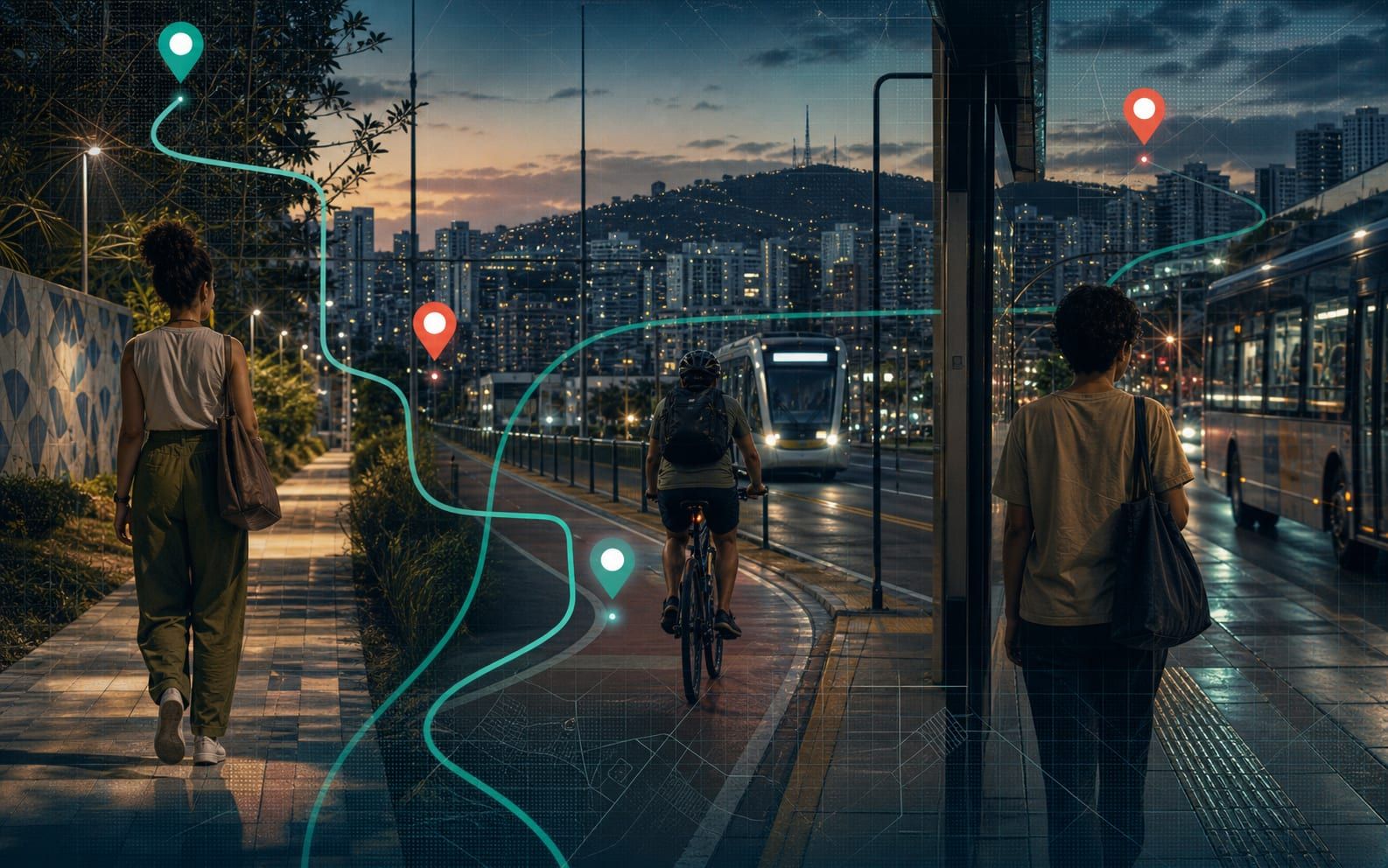 Pessoas se deslocando a pé, de bicicleta e de transporte coletivo em uma paisagem urbana ilustrativa.